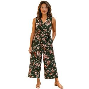 NWT Abstract Floral Ankle Capri Length Romper Jumpsuit Faux Wrap Green